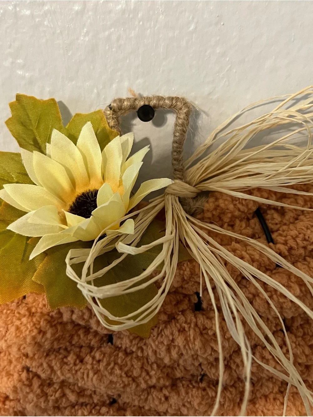 Handmade Orange Pumpkin Wall Hanging with Yellow Flower Accent